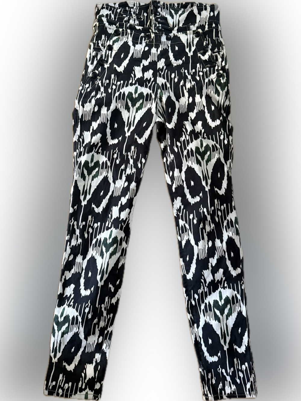 Isabel Marant Black, White and Dark Green Ikat-Style Pants